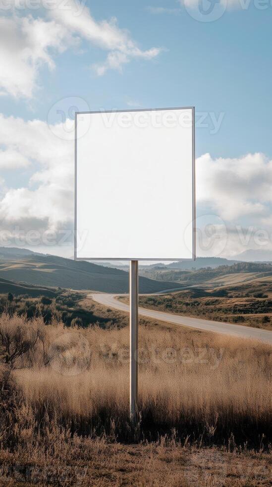 Plain rectangular road sign standing in a rural landscape, blank for custom text photo