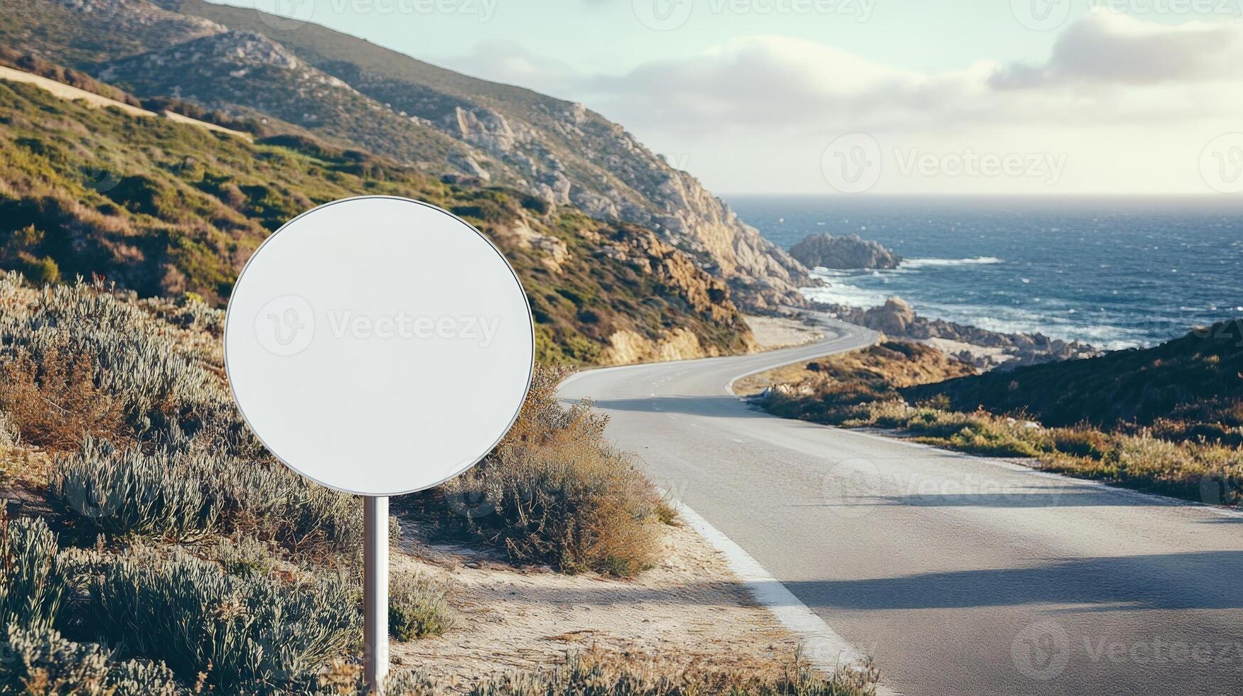 Plain round traffic sign placed along a coastal road, with no text, ready for mockup photo