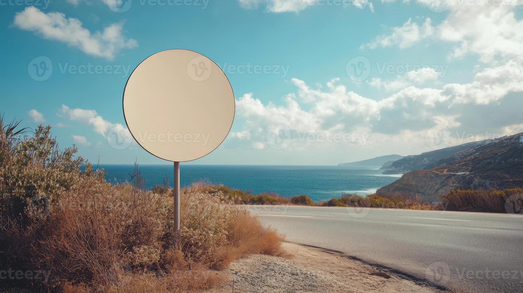 Plain round traffic sign placed along a coastal road, with no text, ready for mockup photo