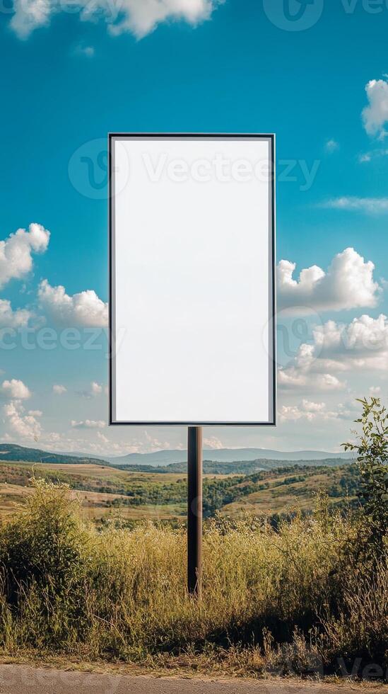 Plain rectangular road sign standing in a rural landscape, blank for custom text photo