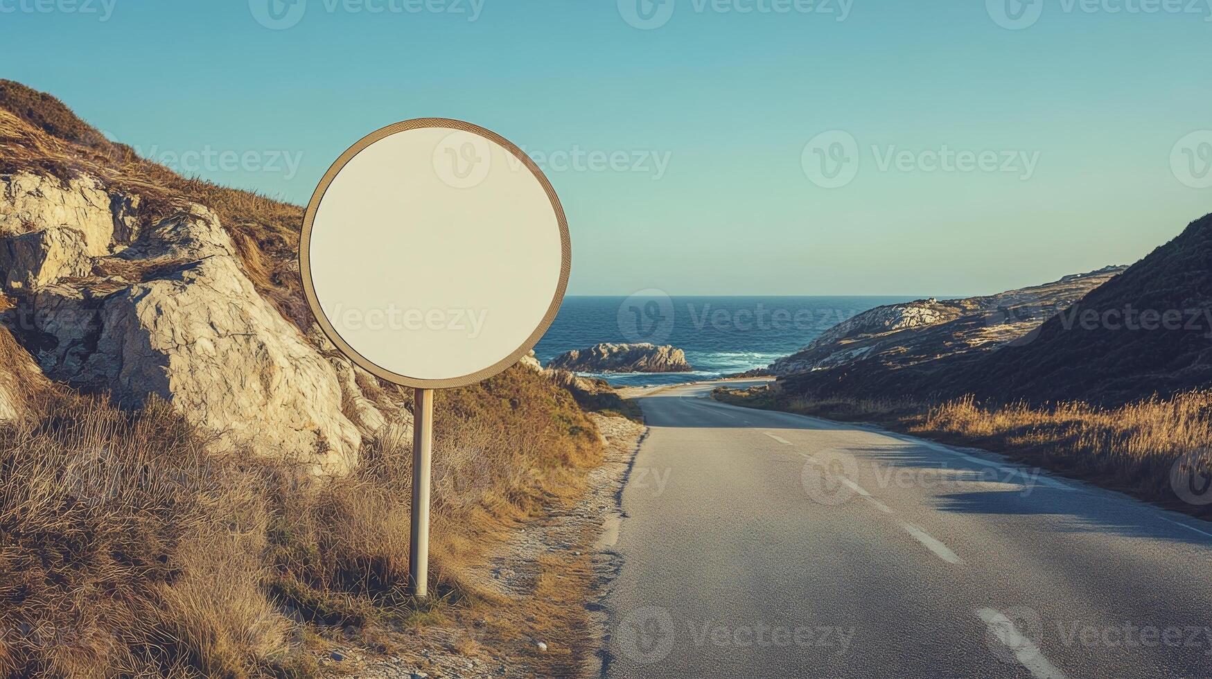 Plain round traffic sign placed along a coastal road, with no text, ready for mockup photo