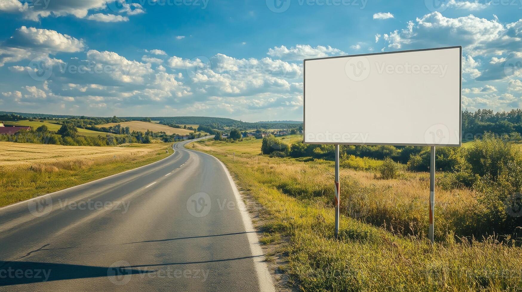 Top view of a blank road sign placed on the side of a rural road, with clear space for text photo