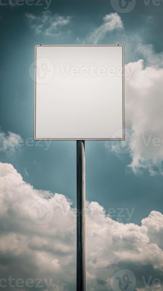 Vertical shot of a blank road sign on a tall post, isolated against a cloudy sky, mockup for text photo