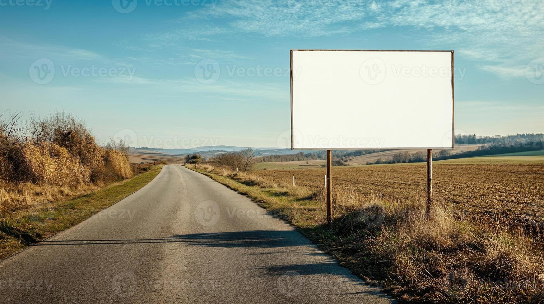Top view of a blank road sign placed on the side of a rural road, with clear space for text photo