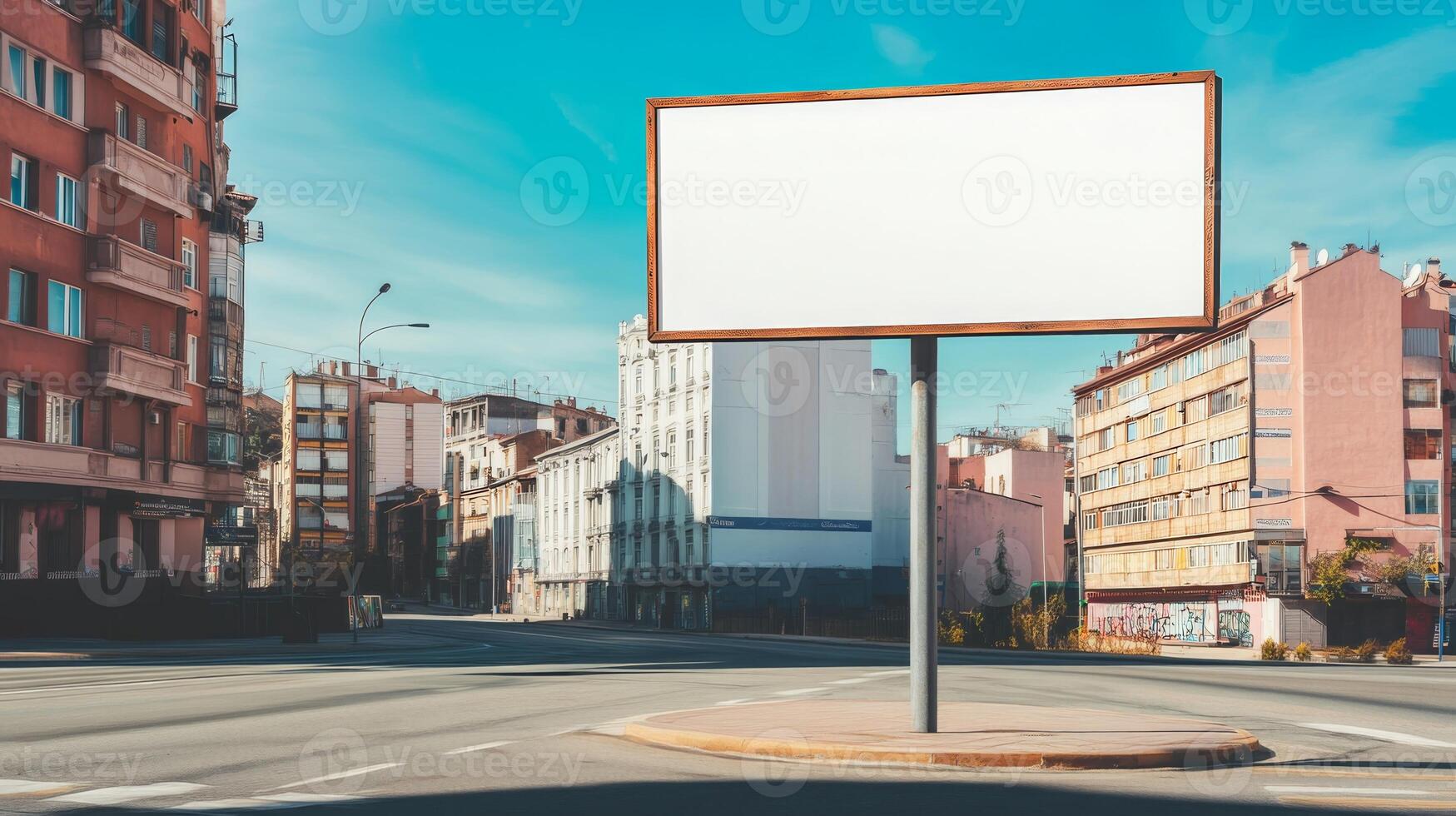 A blank road sign on a street corner with buildings in the background, ideal for custom text or advertising photo