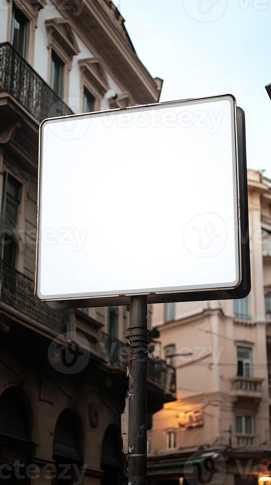 A blank road sign with a white background, mounted on a street post, isolated for mockup photo