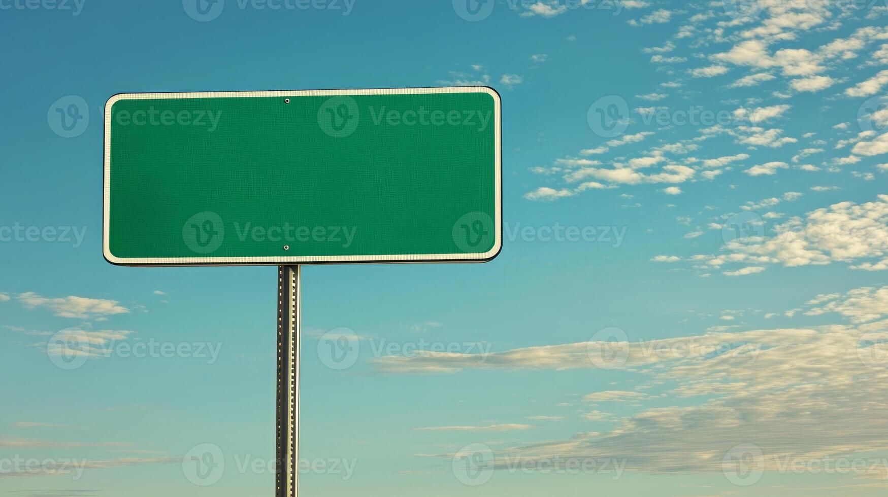 A plain green highway sign on a metal post, positioned against a wide-open sky for custom text photo