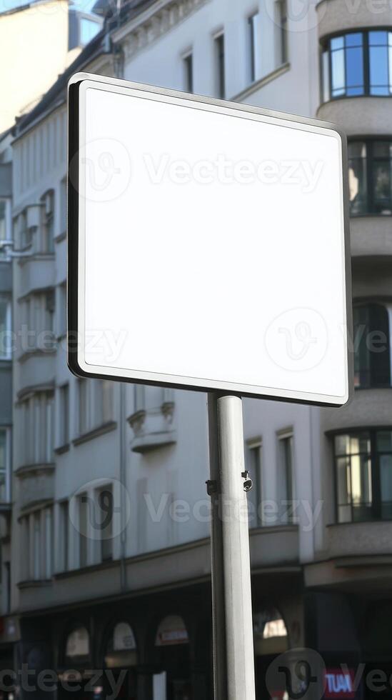 A blank road sign with a white background, mounted on a street post, isolated for mockup photo