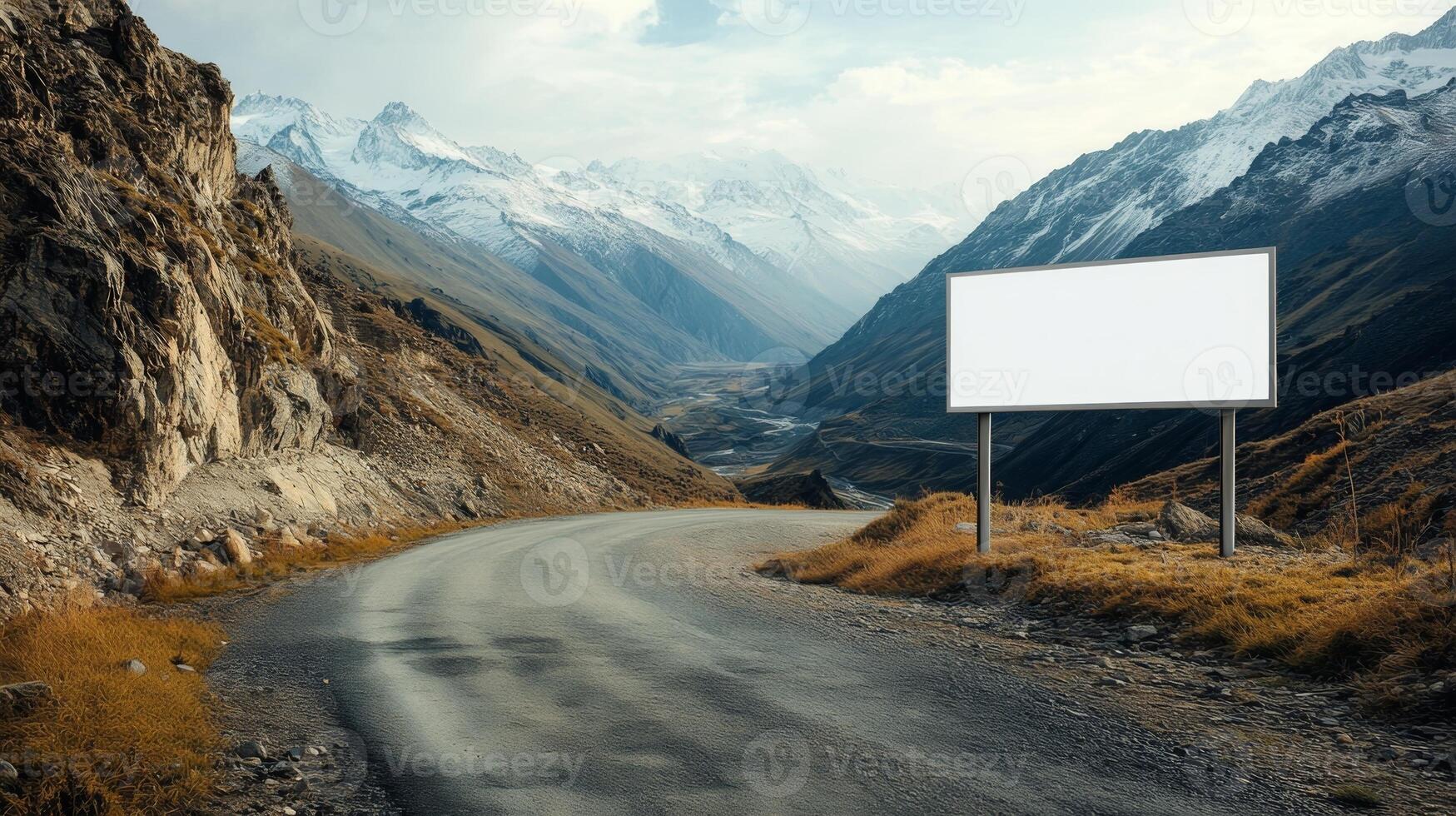 A plain rectangular road sign positioned on a mountain road, no text, with space for mockup or custom content photo