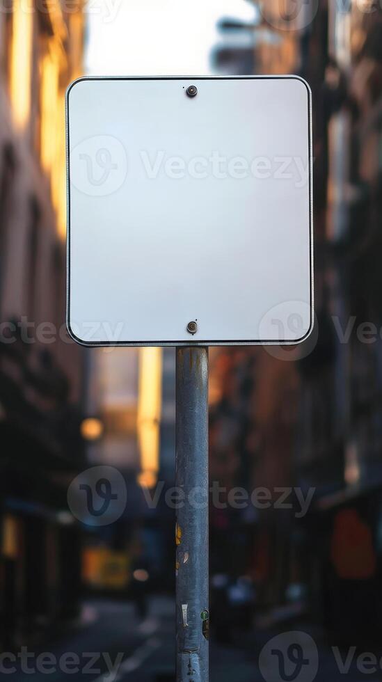 A plain road sign mounted on a pole in the city, against an urban background, with no text photo