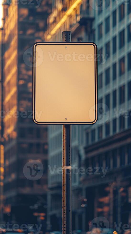 A plain road sign mounted on a pole in the city, against an urban background, with no text photo