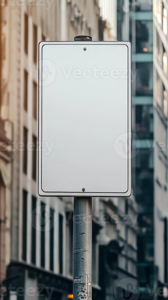 A plain road sign mounted on a pole in the city, against an urban background, with no text photo