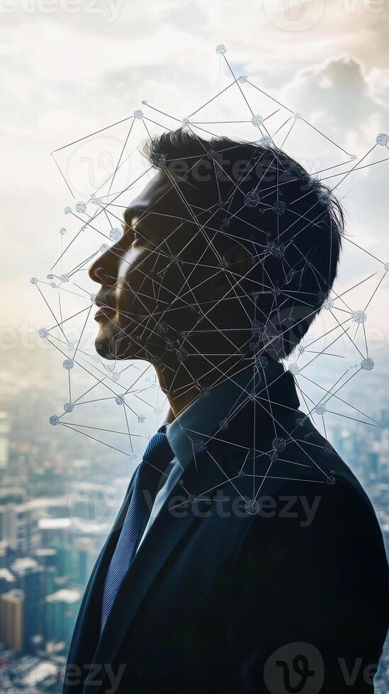 A side view of a businessperson, overlaid with a network of interconnected lines symbolizing global connectivity photo