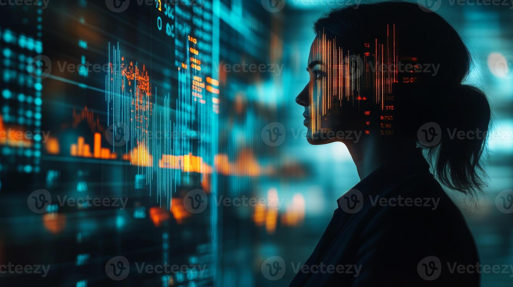 A thoughtful businessperson gazing forward, with abstract financial graphs and a stock market ticker projected onto their figure photo