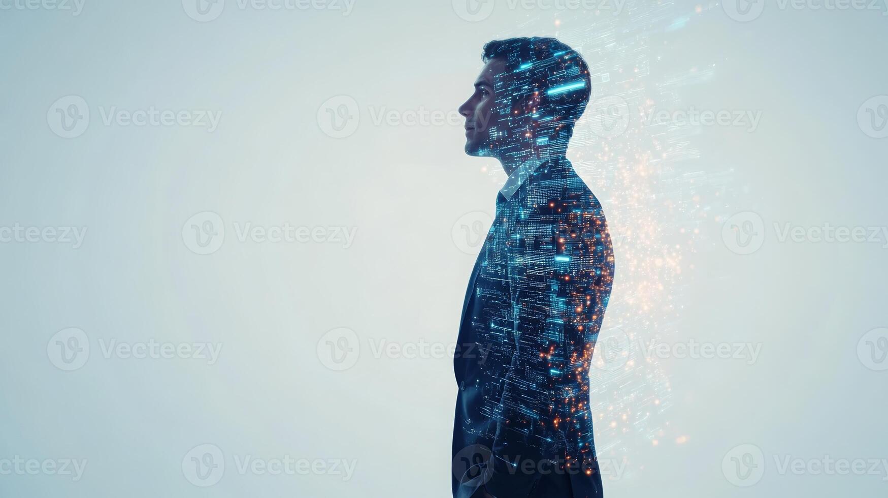 A standing businessman with images of futuristic technology and digital data blending into his profile photo