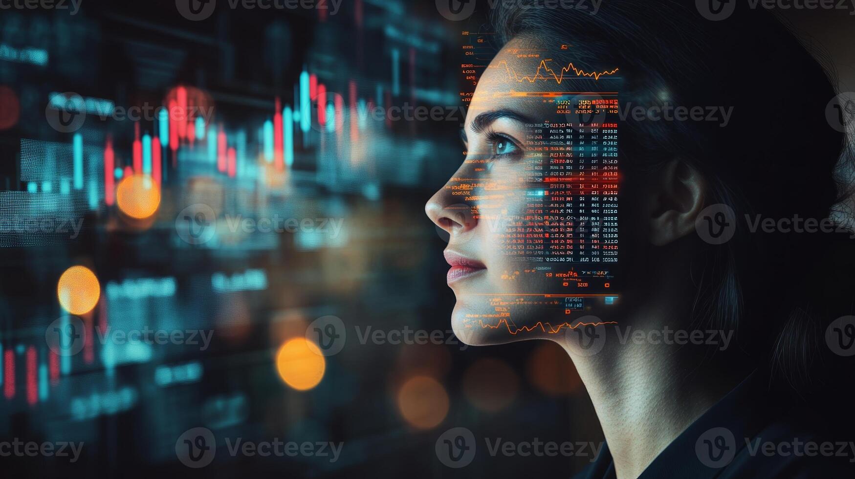 A thoughtful businessperson gazing forward, with abstract financial graphs and a stock market ticker projected onto their figure photo