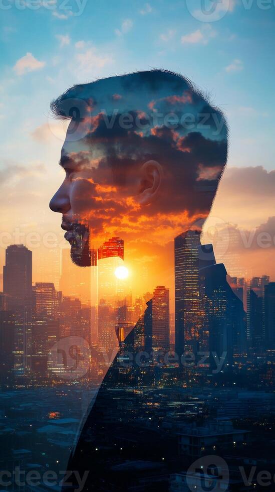 A vertical double exposure of a businessman with his profile blended with a city skyline at sunset photo
