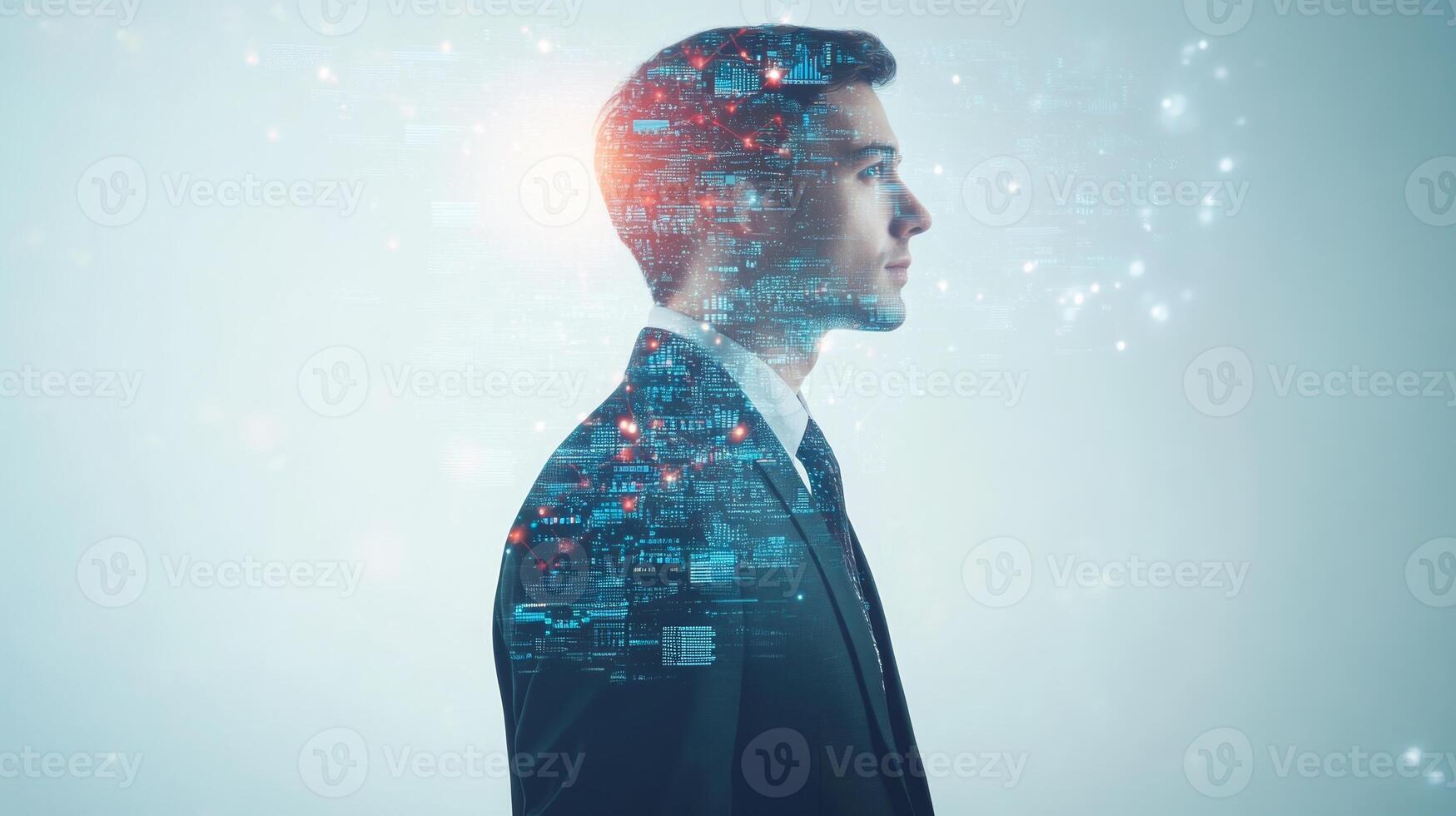 A standing businessman with images of futuristic technology and digital data blending into his profile photo