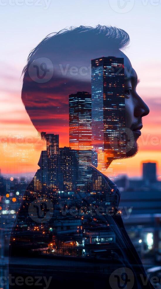 A vertical double exposure of a businessman with his profile blended with a city skyline at sunset photo
