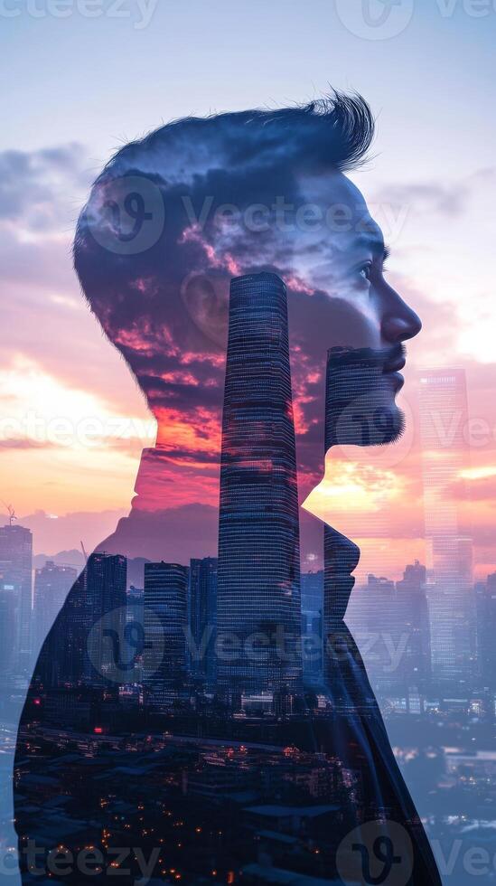 A vertical double exposure of a businessman with his profile blended with a city skyline at sunset photo