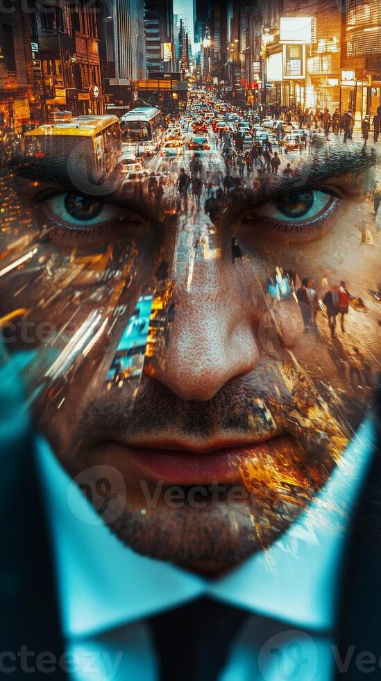 Close-up of a businessman's face, with images of busy streets and people in motion blended into his features photo