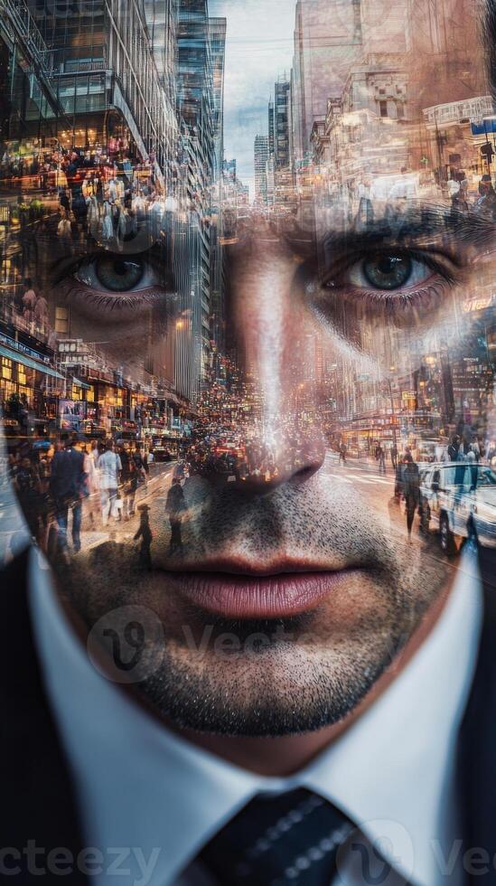 Close-up of a businessman's face, with images of busy streets and people in motion blended into his features photo