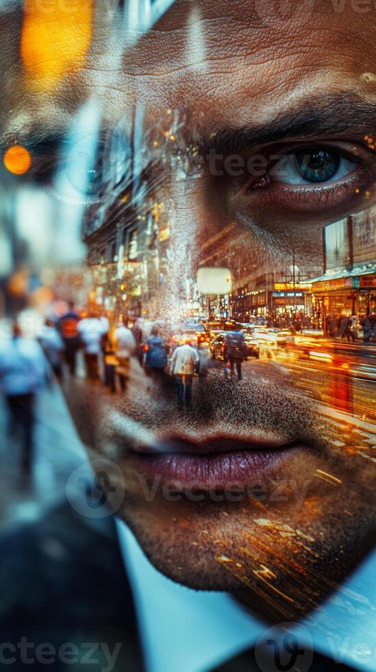 Close-up of a businessman's face, with images of busy streets and people in motion blended into his features photo