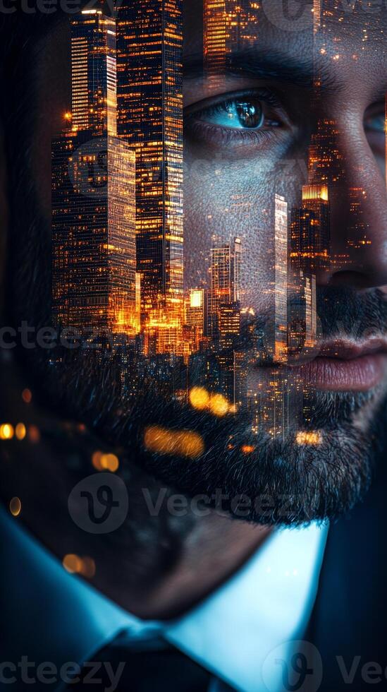 Close up of a businessman face, with skyscrapers and urban lights blended into his facial features photo