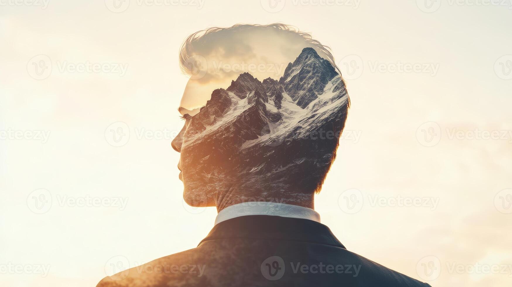 Double exposure of a businessperson looking ahead with mountain peaks subtly superimposed, symbolizing reaching new heights photo