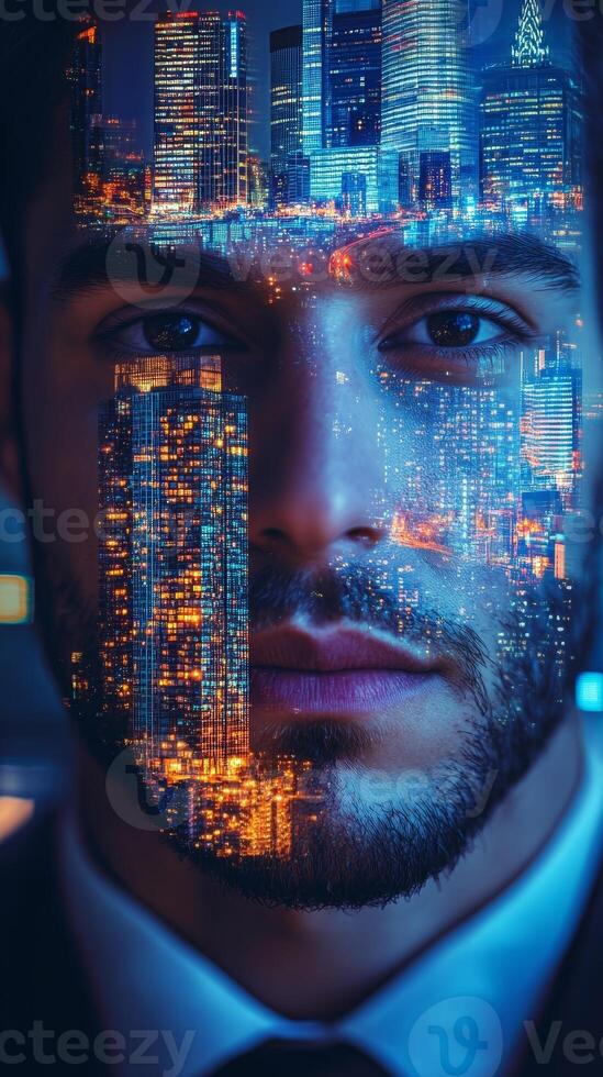 Close up of a businessman face, with skyscrapers and urban lights blended into his facial features photo