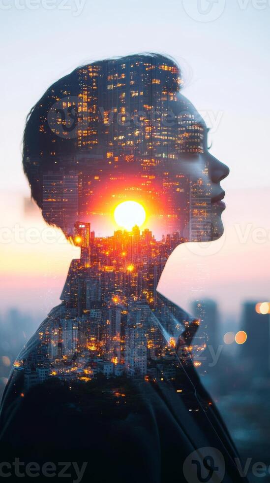 Double exposure of a businessperson with glowing city lights and a rising sun, symbolizing new beginnings and success photo