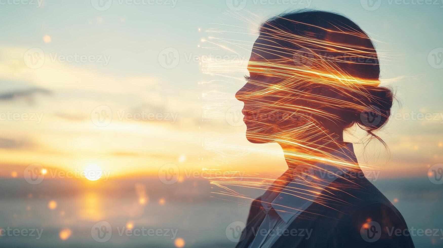 Double exposure of a businessperson with abstract glowing lines and a sunrise horizon layered, symbolizing new opportunities and hope photo