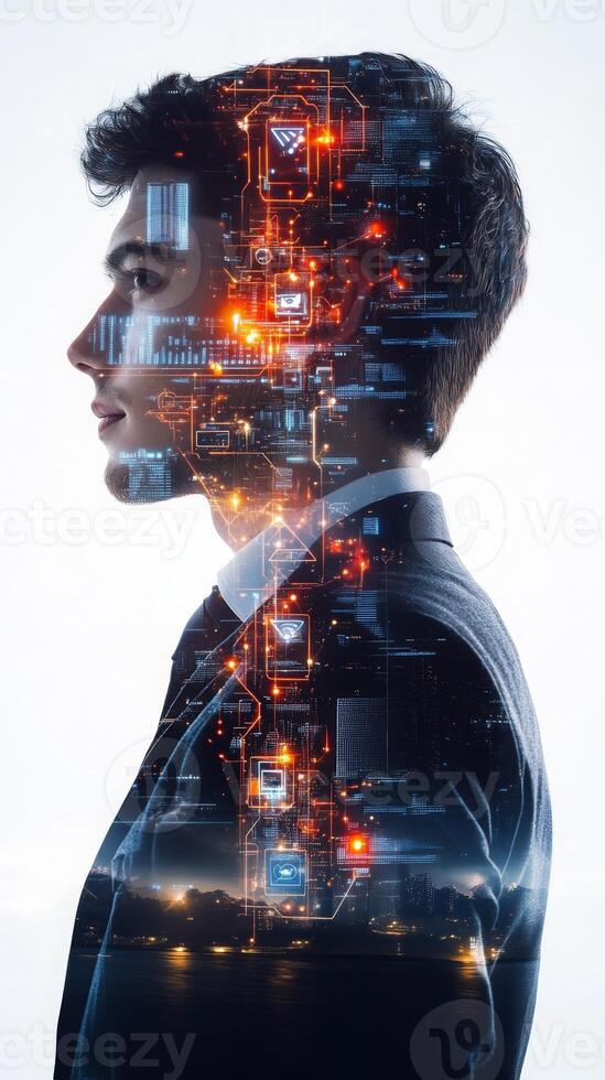 Double exposure portrait of a businessman with technology and data symbols subtly blended into his figure photo