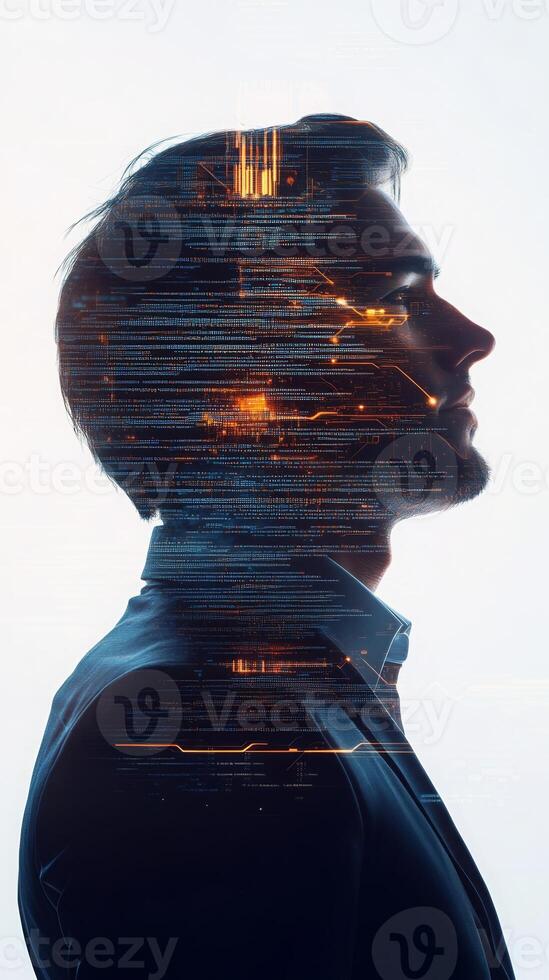 A businessperson in profile, with futuristic architecture and lines of code subtly layered over his form photo