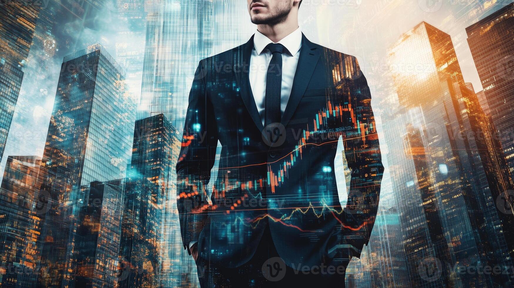 A businessman in a suit, overlaid with images of skyscrapers and financial charts, blending success and corporate power photo