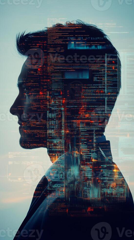 A businessperson in profile, with futuristic architecture and lines of code subtly layered over his form photo