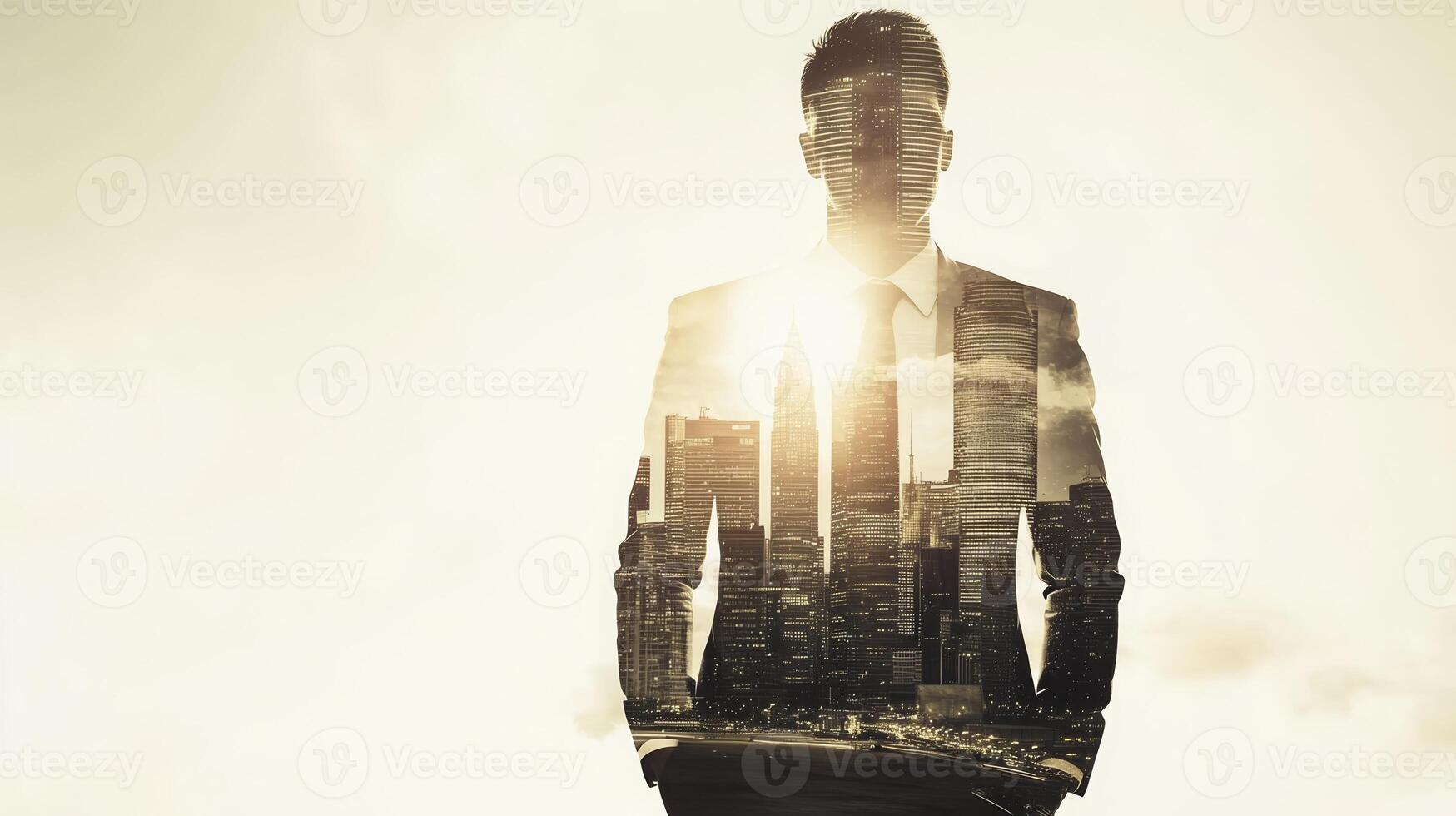 A double exposure of a businessman standing confidently with a city skyline layered over his figure, symbolizing ambition and growth photo