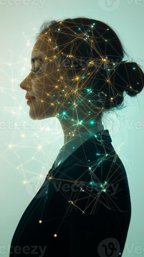 A side view of a businessperson, overlaid with a network of interconnected lines symbolizing global connectivity photo