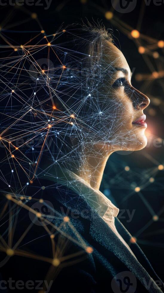 A side view of a businessperson, overlaid with a network of interconnected lines symbolizing global connectivity photo