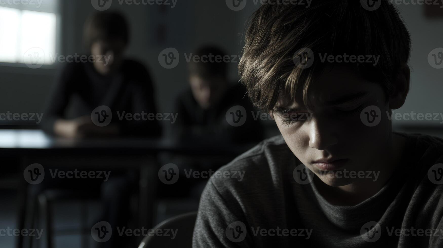 A closeup of a teenage boy sitting alone in a dark classroom, his face turned down as if in sadness photo