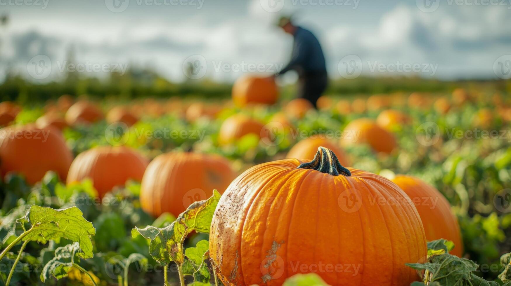 A ripe pumpkin patch with vibrant orange pumpkins in the foreground, and a blurred farmer tending the crops in the background photo