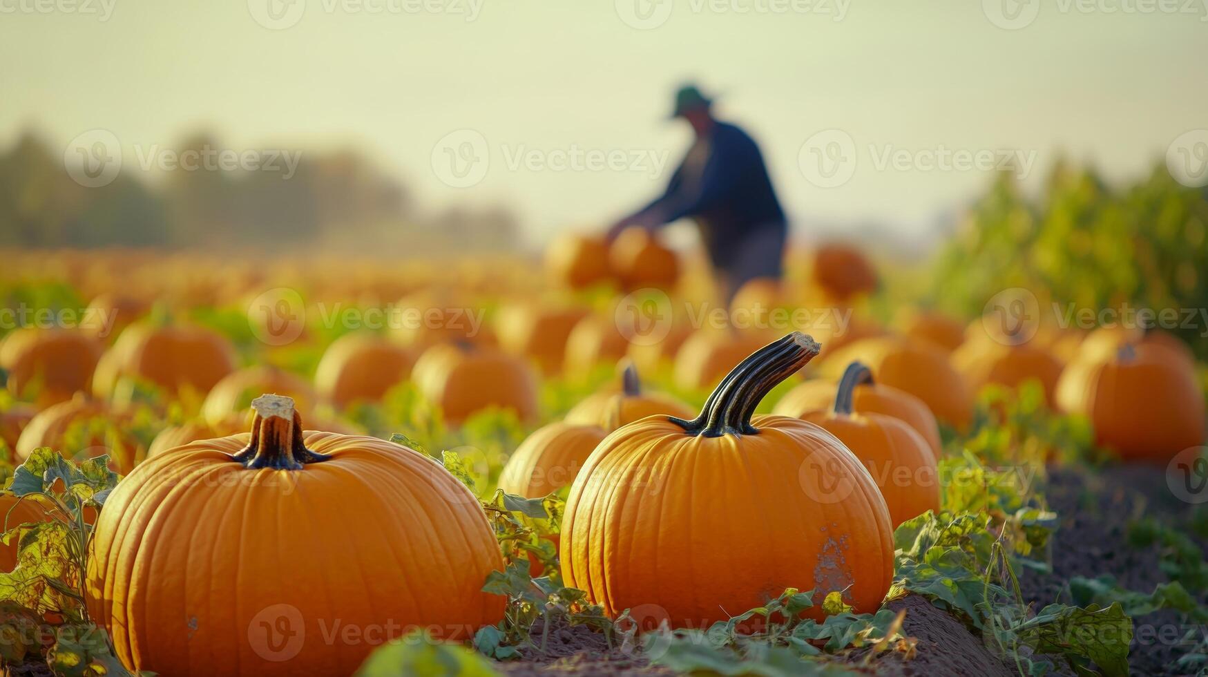 A ripe pumpkin patch with vibrant orange pumpkins in the foreground, and a blurred farmer tending the crops in the background photo