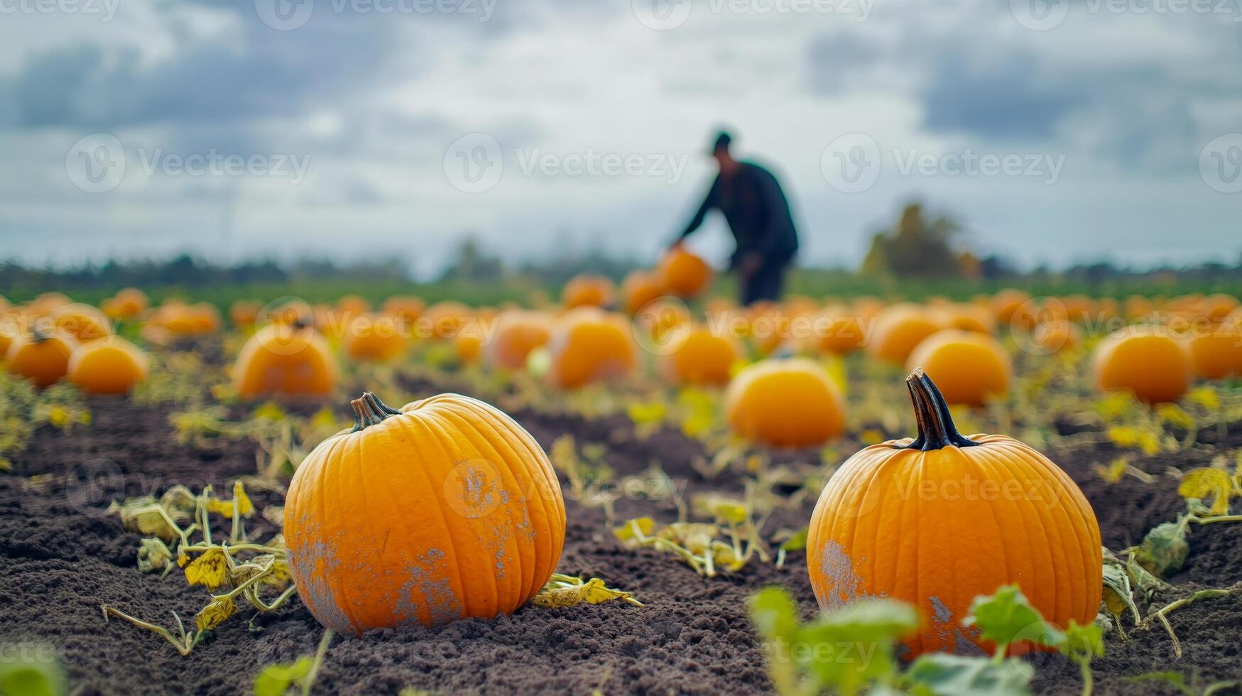 A ripe pumpkin patch with vibrant orange pumpkins in the foreground, and a blurred farmer tending the crops in the background photo