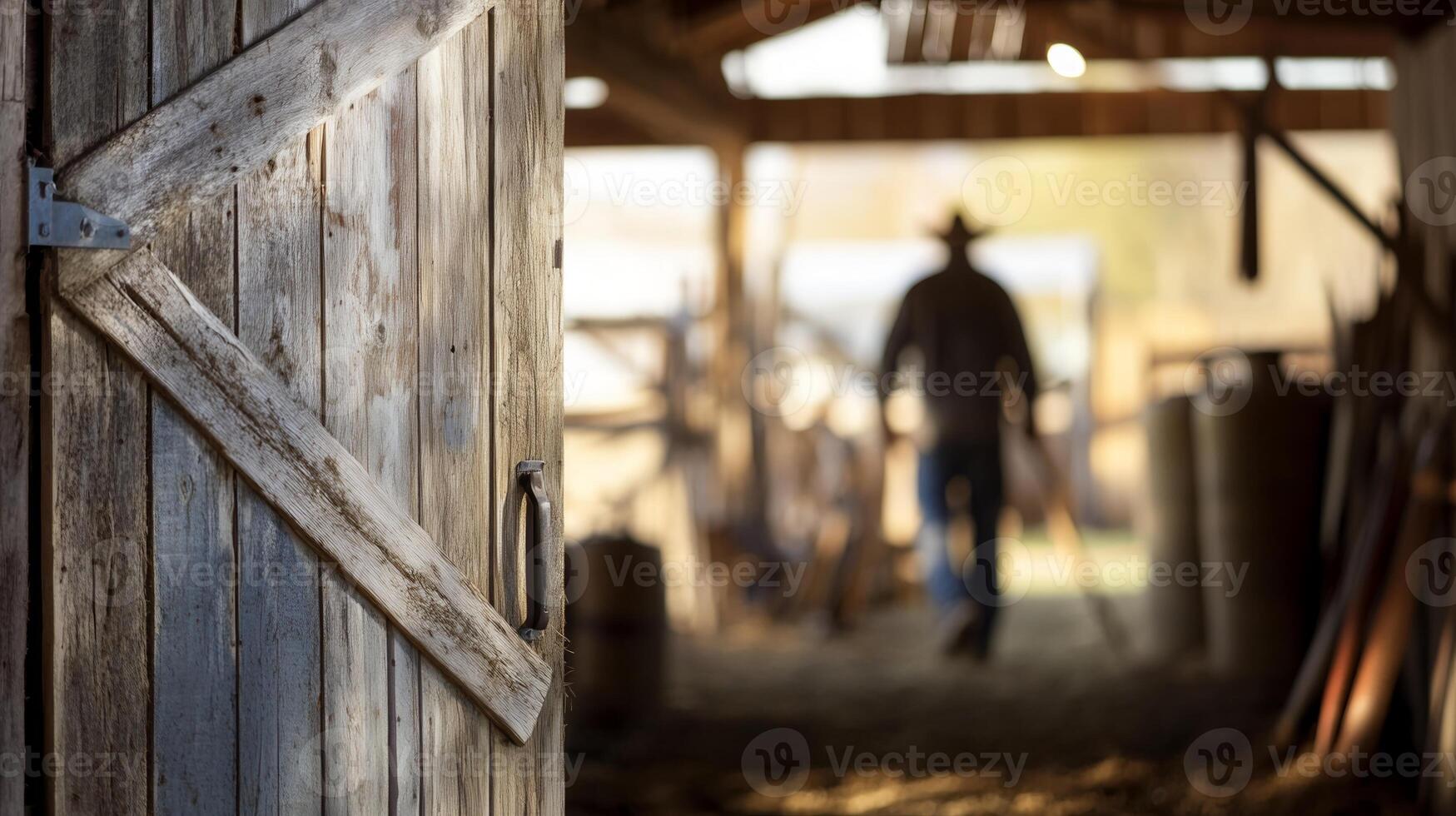 A rustic barn door slightly open in the foreground, with a blurred farmer walking inside with farming tools in the background photo