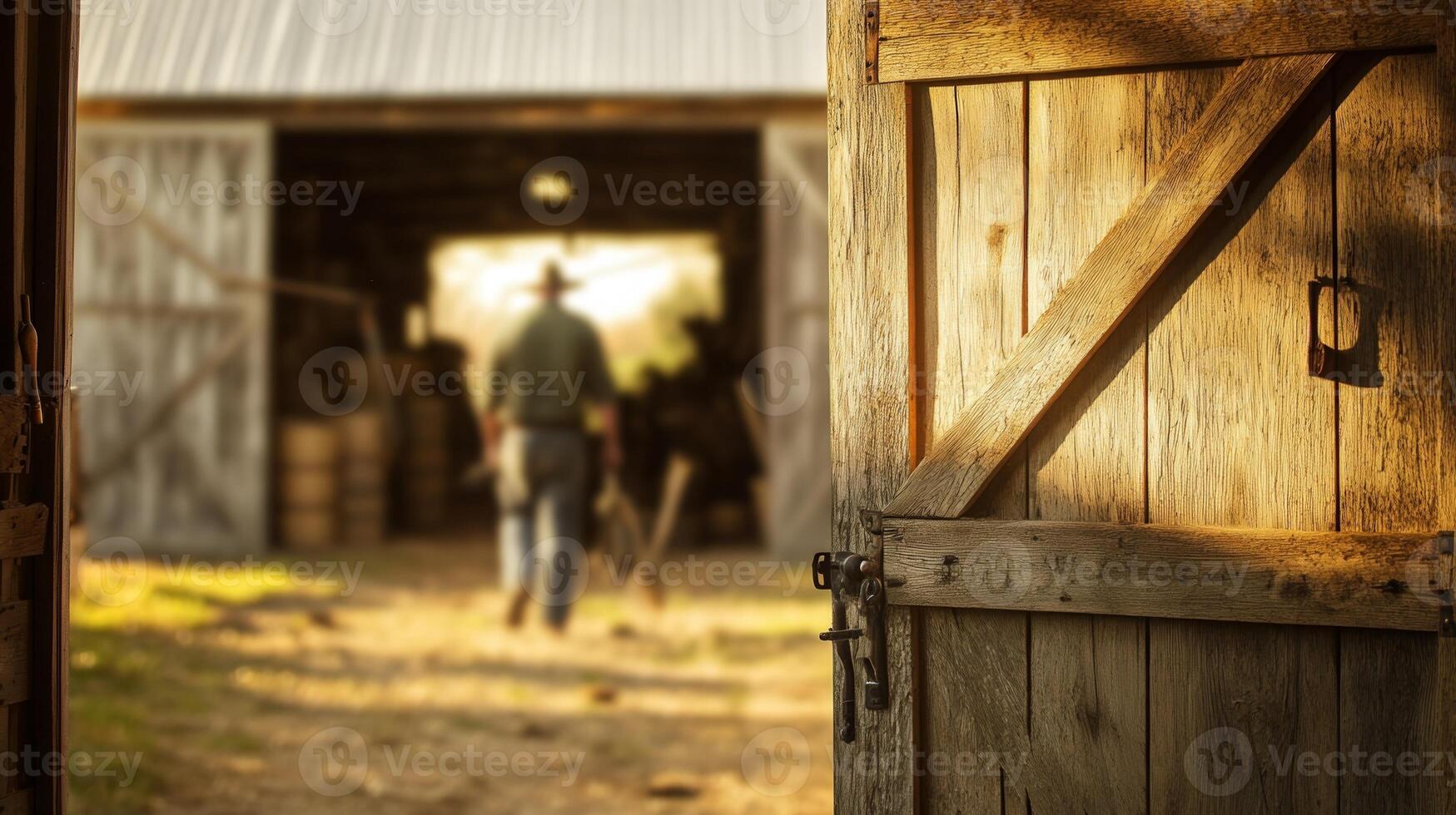 A rustic barn door slightly open in the foreground, with a blurred farmer walking inside with farming tools in the background photo