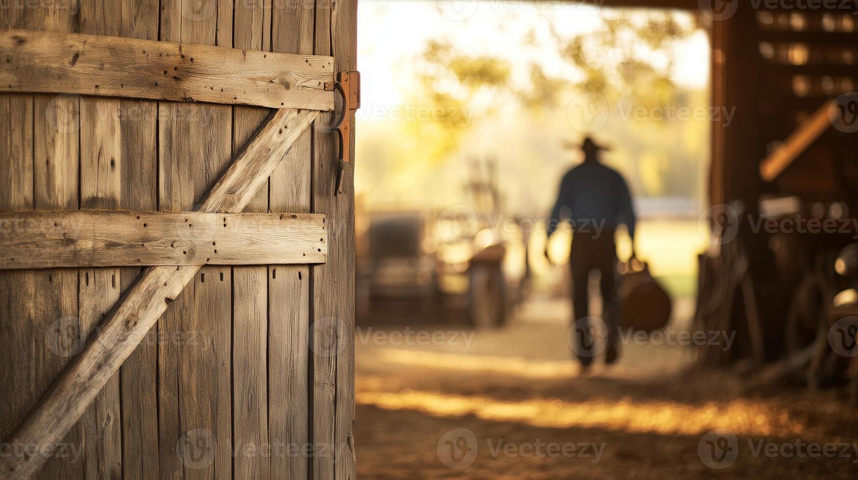 A rustic barn door slightly open in the foreground, with a blurred farmer walking inside with farming tools in the background photo