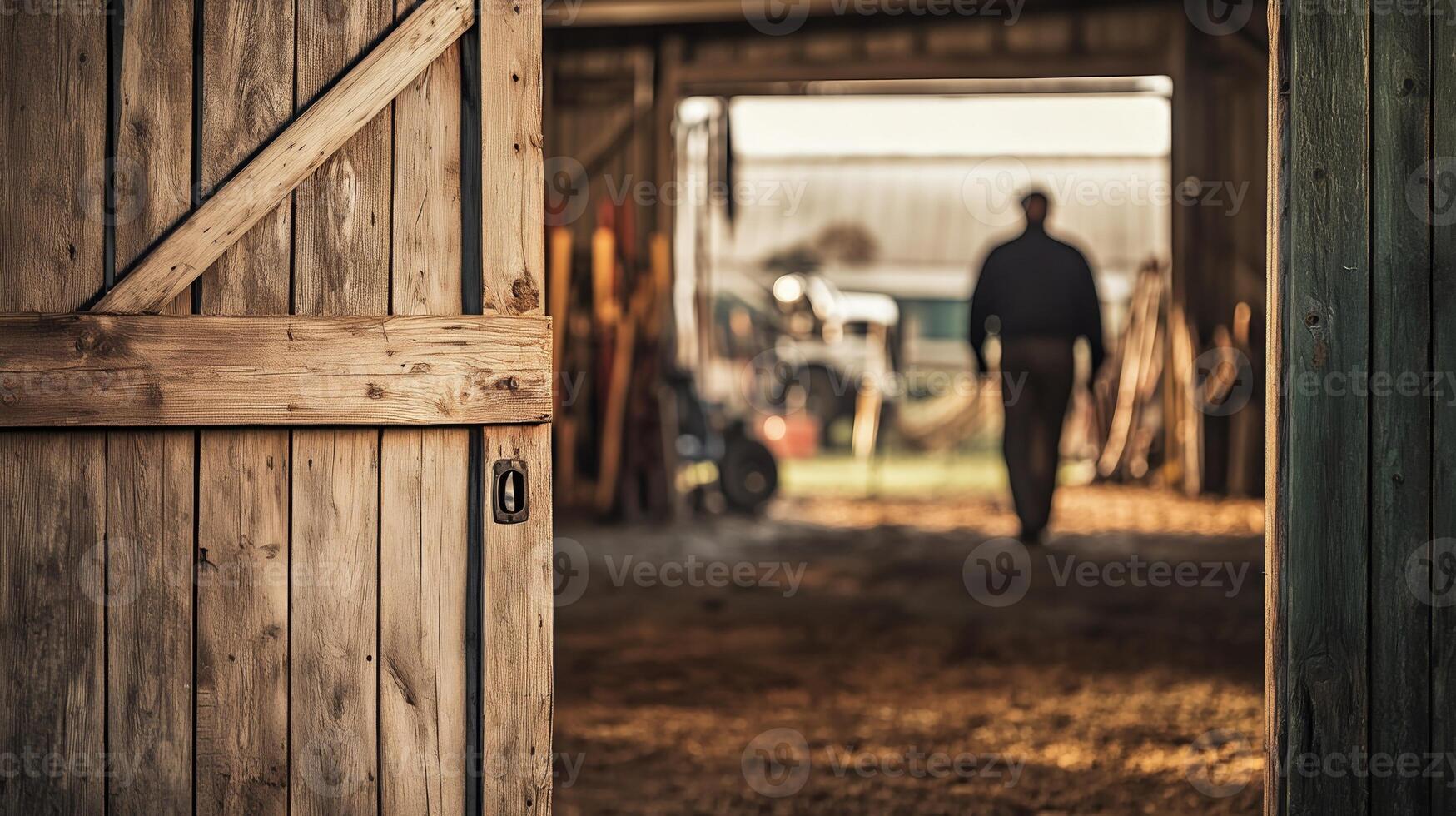 A rustic barn door slightly open in the foreground, with a blurred farmer walking inside with farming tools in the background photo
