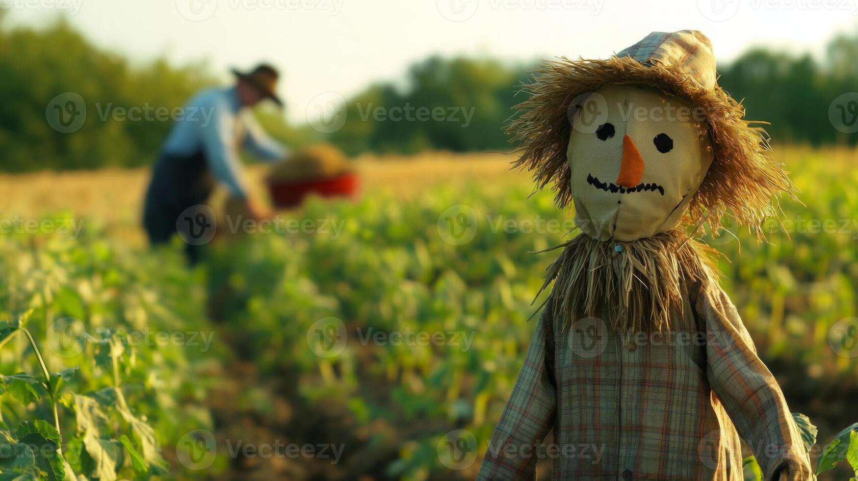 A scarecrow standing in a field, with a blurred farmer working among the crops in the background, adding a traditional farm touch photo