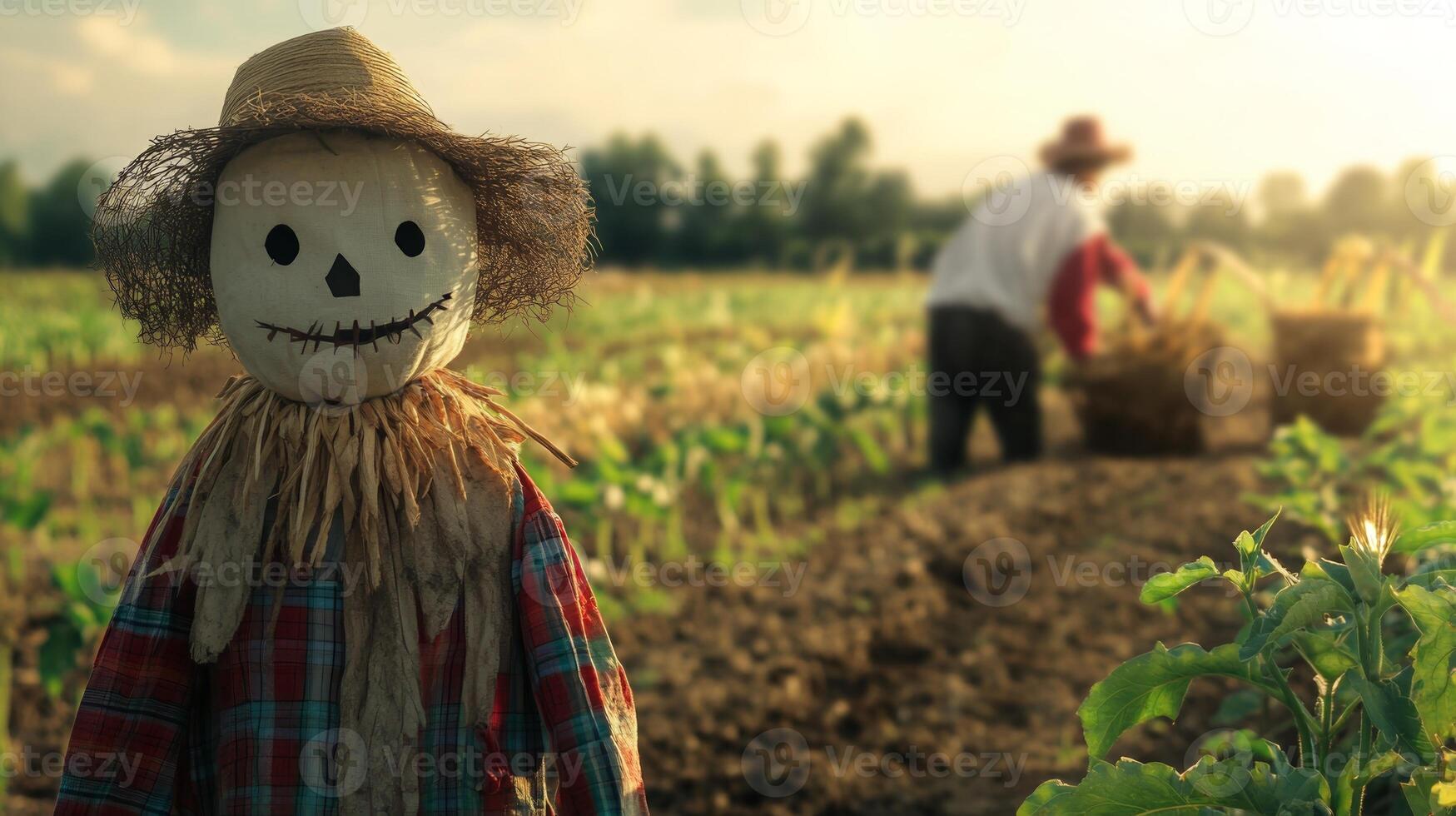 A scarecrow standing in a field, with a blurred farmer working among the crops in the background, adding a traditional farm touch photo