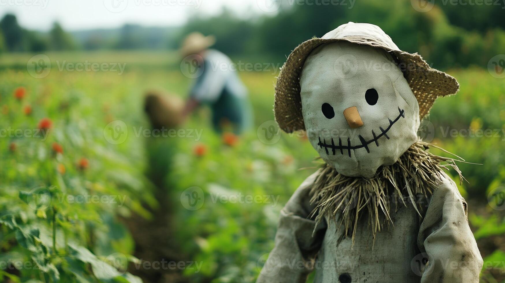 A scarecrow standing in a field, with a blurred farmer working among the crops in the background, adding a traditional farm touch photo